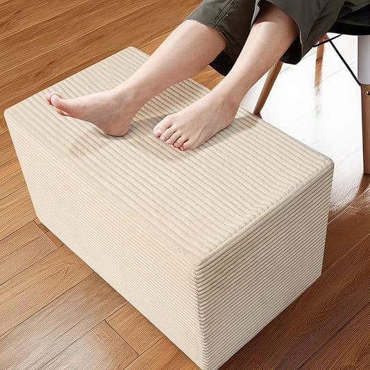 Rectangular Stuffed Pouf Ottoman with Foam Chunk Filling, Coral Fleece and Furry Fabric Design, Multi-Functional Floor Pouf for Living Room, Beige
