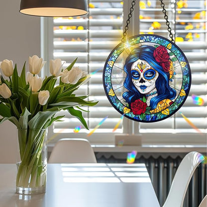 VAIIEYO Skull Women Acrylic Sun Catcher Window Hanging Decoration, 7.8 Inch Double-Sided Light Reflecting Ornament for Window, Garden, Porch or Balcony Decor, Housewarming, Gift for Natural Lovers