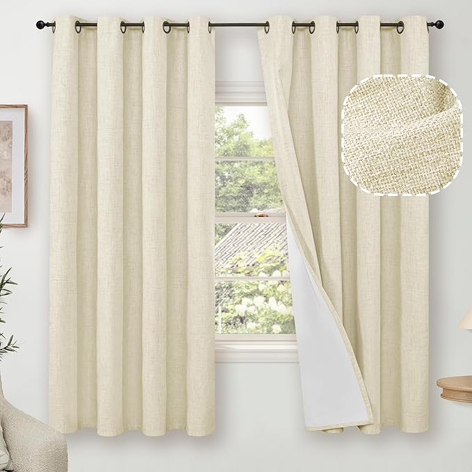 Lajode Cream 100% Blackout Curtains for Bedroom 63 Inch Length 2 Panels, Thermal Insulated Complete Light Blocking Noise Reducing Linen Window Curtains for Nursery, Bronze Grommet, Each 52" Wide