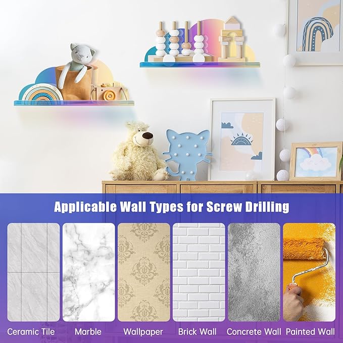 NiHome Extra Large Iridescent Acrylic Floating Shelves, 2 Pack Cloud Shelves - Floating Shelf for Wall, Wall Mountable and Multi-Functional for Home Décor, Bathroom, Kitchen, Bedroom