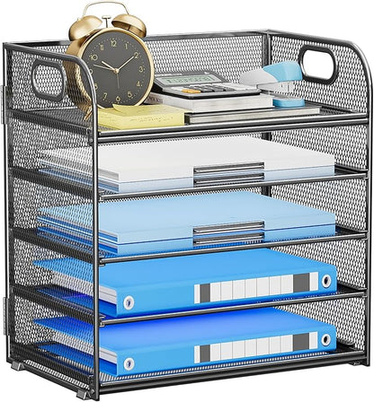 5-Tier Stackable Paper Organizer with Handle, Gray Metal Mesh Letter Tray | Modern Desk File Sorter for Office, Home & Classroom Organization