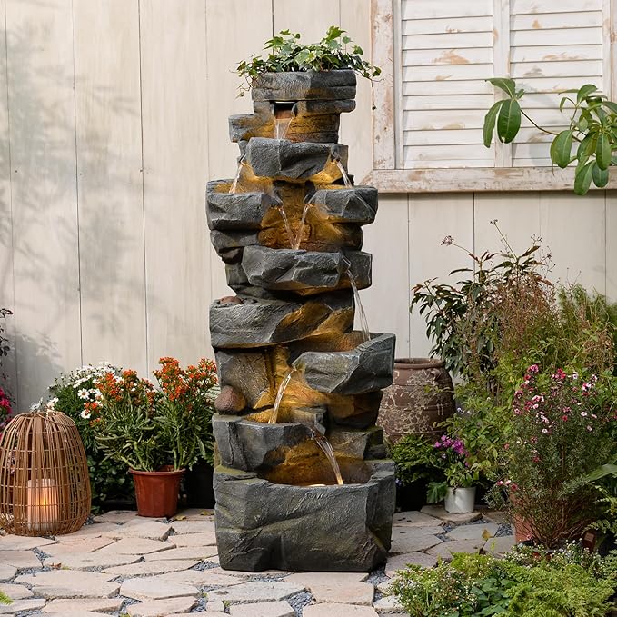 58" H Outdoor Water Fountain with 7 Tiers New Upgraded Large Cascading Realistic Rock Waterfall Fountains with Lights Outdoor Water Fountain for Garden Patio Backyard Porch Home Decor