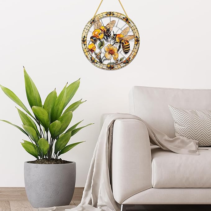 Bee Window Hangings Decor - Acrylic Sun Catcher Ornaments with Hook & Chain,Art SunCatcher Pendant for Gifts Indoor Outdoor Home Wall Living Room Spring Summer Decoration (Double Bee)