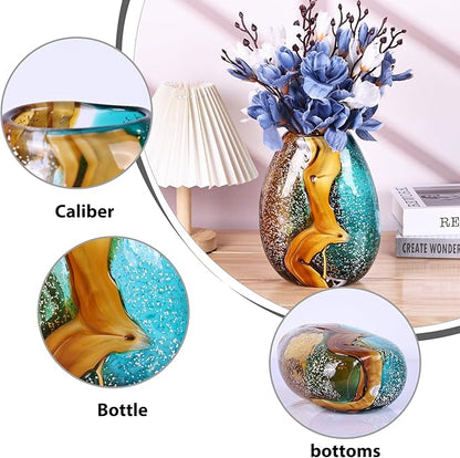 Teal Glass Vase,Hand Blown Green Glass Flower Vases Bulk,Murano Glass Vases,Unique Table Glass Decor, Flowers with Vase Decorative,Teal Vase Decor,for Bookshelf,Living Room,Office,Gift (S)