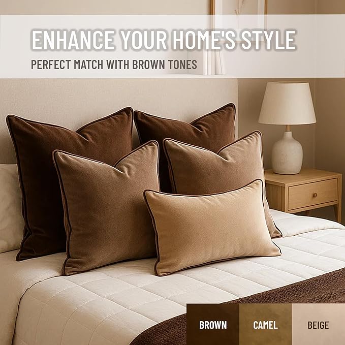 2 Pack Velvet Decorative Throw Pillow Covers, 20"x20", Camel and Brown, Solid, Modern, Contrast Piping, Indoor Use, Bedroom & Living Room