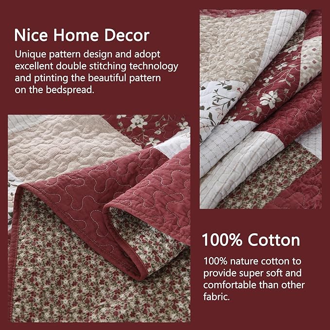100% Cotton Oversized Queen Bedspread 102"x120" - Lightweight French Vintage Country Quilt - 3 Piece Bedspreads Coverlet Set - Reversible Plaid Floral Geometric Bedding in Burgundy/Beige/Taupe/White