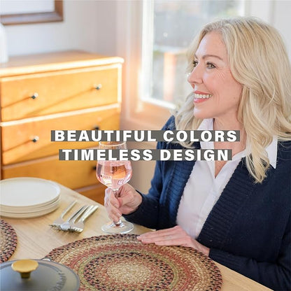 Homespice Gingerbread Round Braided Placemats, Warm Country Decor, Set of 2, 15", Brown Jute Table Mats - Vibrant Colors, Durable, Easy to Clean and Protects Furniture