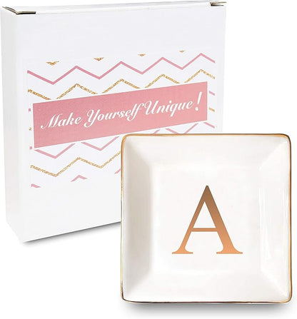 ANOTION Jewelry Tray Ring Dish with Ini-tial Gift- Personalized Trinket Dish and Jewelry Dish with Gold Initials Key Bowl Ceramic Holder, Unique Wedding or Engagement Present