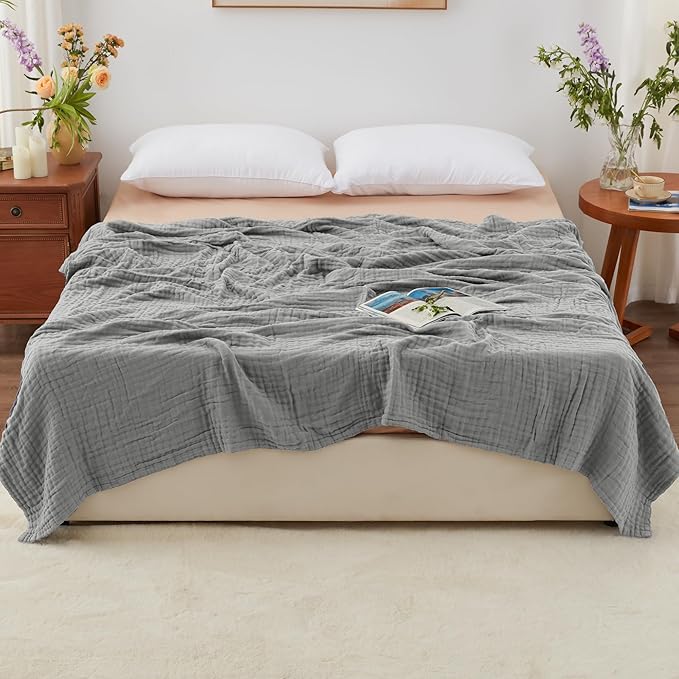 Love's cabin 6 Layer 100% Cotton Muslin Blanket, 90"x90" Muslin Blanket Queen for Couch Bed, Lightweight and Breathable Cotton Gauze for Adult, Medium Grey