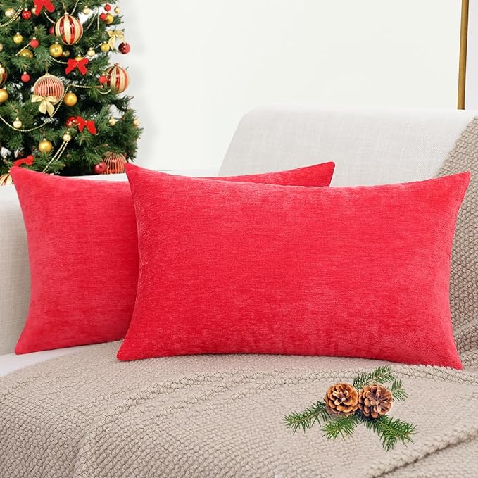 decorUhome Chenille Red Throw Pillow Covers 12x20 Inch Set of 2, Decorative Soft Couch Pillow Covers Solid Dyed Accent Farmhouse Neutral Rectangle Pillow Cases for Sofa