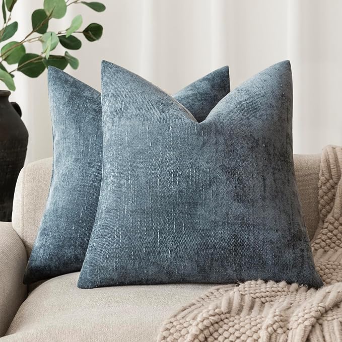 Foindtower Pack of 2 Soft Textured Chenille Throw Decorative Pillow Covers Square Accent Solid Cushion Cover Cozy Neutral Farmhouse Pillow Case for Couch Sofa Bedroom Living Room 22x22 Inch,Blue