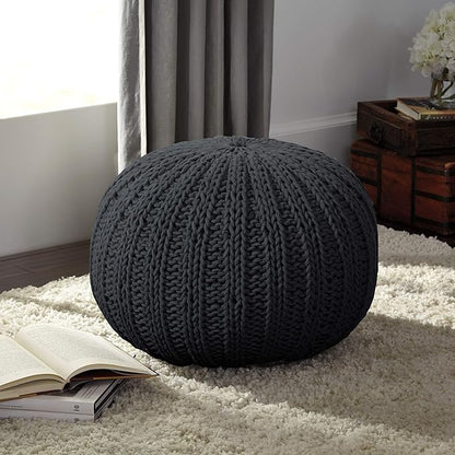 LR Home Black Cableknit Cotton Round Ottoman for Home Decor | Hand-Made Casual Foot Rest for Bedroom & Living Room Decor | 20 x 20 x 16 Stuffed Pouf for Seating