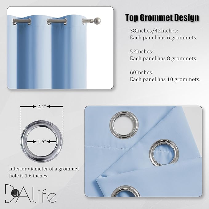 DUALIFE Sky Blue Blackout Curtain Panels/Drapes for Living Room 96 Inch Length Solid Energy Efficient Room Darkening Bedroom Curtains Thermal Insulated Grommet Top 52x96 Inches Cerulean 2 Panels