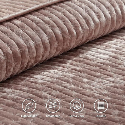 LEAONME Velvet Quilt King Size 98''x106'', Lightweight Dusty Pink Velvet Comforter Set with 2 Matching Shams, Soft Cross Stitch Bedspread Coverlet Bedding Set for All Season