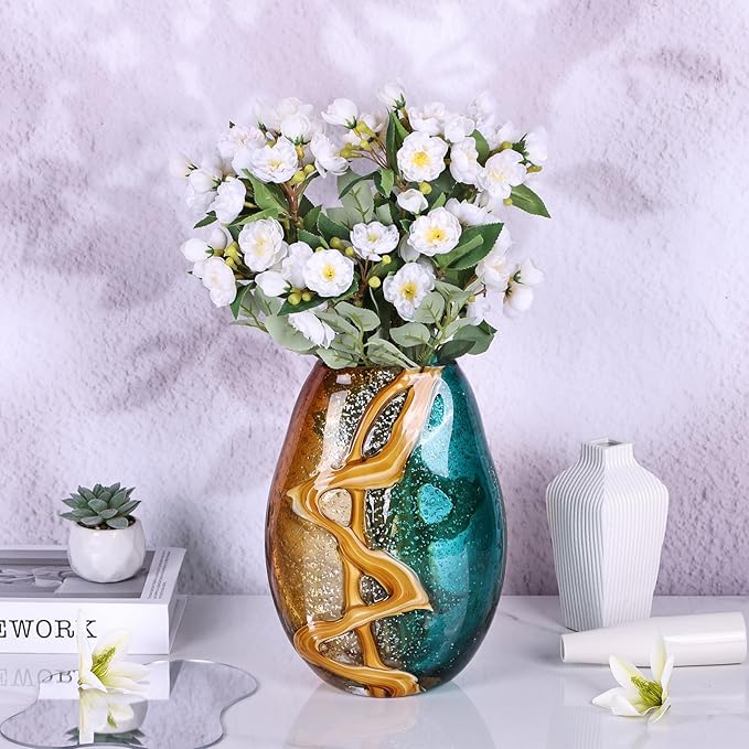 Teal Glass Vase,Hand Blown Green Flower Bulk,Murano Glass Vases,Unique Table Decor, Flowers with Decorative,Teal Vase Decor,for Bookshelf,Living Room,Office,Gift (M)