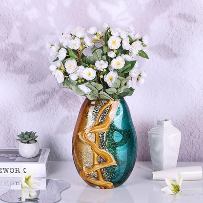 Teal Glass Vase,Hand Blown Green Flower Bulk,Murano Glass Vases,Unique Table Decor, Flowers with Decorative,Teal Vase Decor,for Bookshelf,Living Room,Office,Gift (M)