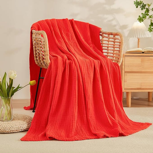 EMME Cotton Blanket Queen Size for Bed Soft Large Muslin Bed Blankets 90"x90" Lightweight Breathable All Season Gauze Blanket, Orange Rust