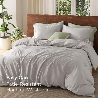 Bedsure 100% Washed Cotton Duvet Cover Queen Size - Light Grey Minimalist Cotton Duvet Cover Linen Like for All Seasons - GentleSoft™ Plain Simple Bedding (Queen, 90"x90")