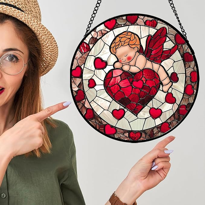 Stained Glass Window Hanging - Red Love Angel Sun Catcher for Door Garden Home Decor Cute Suncatcher Christmas Mother's Day Birthday for Women Men Mom Nana 7.8 in