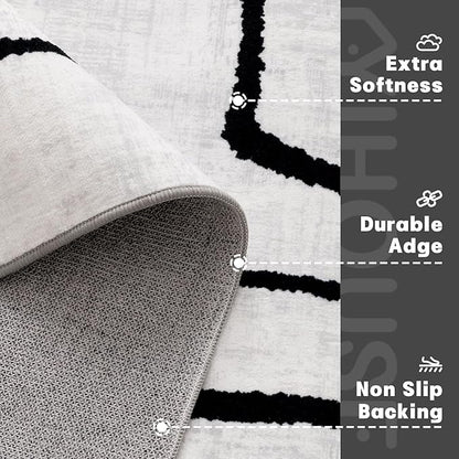 YIHOUSE Modern Washable Area Rug for Living Room Bedroom - Large Abstract Black and White Rug Non-Slip Ultra-Thin Home Decor (Abstract, 9'x12')