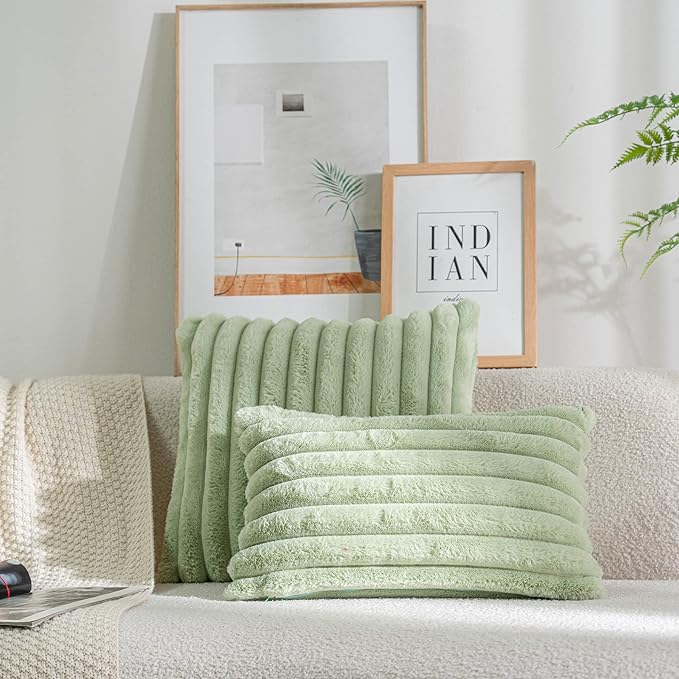 DEELAND Pack of 2,Double-Sided Faux Fur Plush Decorative Throw Pillow Covers Fuzzy Striped Soft Pillowcase Cushion Covers for Sofa Couch Bedroom Green 24x24 inch