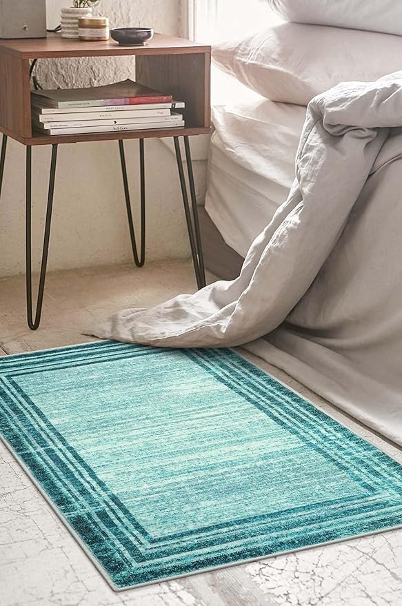 Lahome Modern Abstract Area Rug, Washable Teal 2x3 Entryway Rugs Non Slip Kitchen Carpet Indoor Front Door Throw Rugs, Minimalist Bordered Bathroom Rug Low-Pile Entry Mats for Bedroom