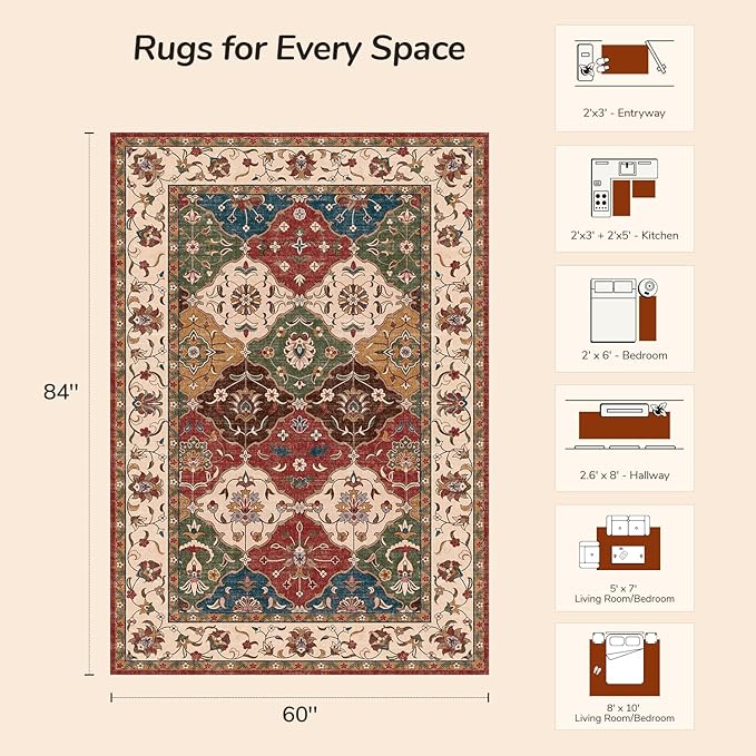 Lessymo Moroccan Washable Area Rugs 5x7, Soft Rugs for Living Room Bedroom, Indoor Non-Slip Large Vintage Carpet for Entryway Home Office, Classic Red and Cream