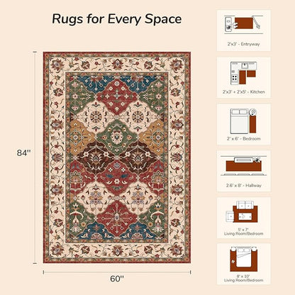 Lessymo Moroccan Washable Area Rugs 5x7, Soft Rugs for Living Room Bedroom, Indoor Non-Slip Large Vintage Carpet for Entryway Home Office, Classic Red and Cream