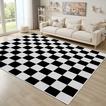 Black and White Checkered Rug for Living Room, 5x7 Area Rugs, Checkered Area Rug, Geometric Plaid Large Rugs, Geometrical Washable Non Slip Retro Carpet Home Floor Decor