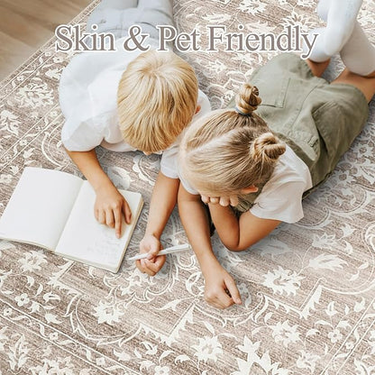 6x9 Area Rugs for Living Room, Stain Resistant Washable Rugs for Dining Room, Kitchen, Floral Vintage Non-Slip Thin Area Rug(Light Brown, 6'x9')