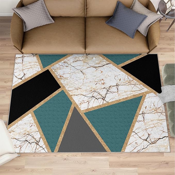 Emerald Green Marble Rug Modern Geometric Marble Area Rugs Light Luxury Geometric Striped Carpet Vintage Stone Crack Rug for Bedroom Living Room 4x5ft