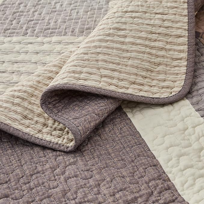 EWlinens 100% Cotton 120"x120" Oversized King Bedspread - Farmhouse Extra Large Cal King Quilt Bedding Set, All Season Diamond Patchwork Plaid Rustic Striped Bedspreads, 3pcs, Walnut/Brown/Gray/Beige