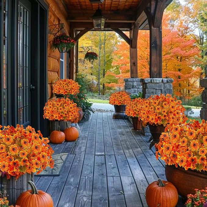 Artificial Fall Flowers for Outdoors,Faux Silk Flowers Fall Decorations,Fake Mums Eucalyptus Plants Christmas Halloween Decor for Outdoor Patio,Window Planter Autumn Fall Decor(10PCS,Orange)