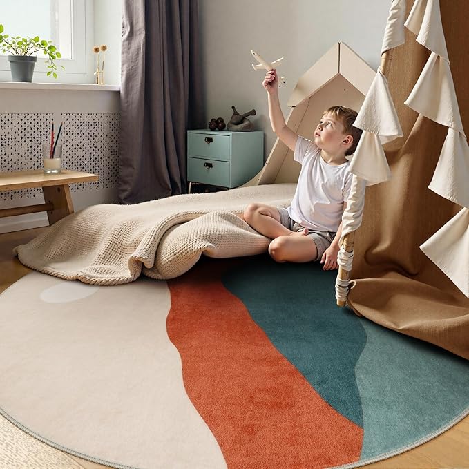 Mountain Round Rugs 6ft, Large Non Slip Circle Rug for Living Room Washable Boho Sunrise Sunset Bedroom Rug, Colorful Stain Resistant Round Carpet for Dining Room Nursery