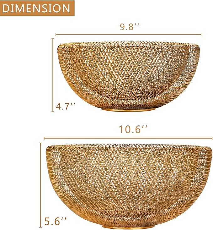 IBWell Metal Wire Woven Fruit Storage Bowl Basket for Kitchen, Large Black Mesh Fruit Stand, for Apple, Pineapple, Banana, Orange, Lemon, Pear, Strawberry, Watermelon (Gold, Normal & Large)