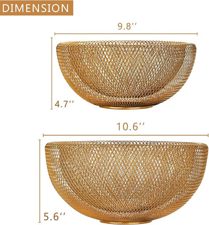 IBWell Metal Wire Woven Fruit Storage Bowl Basket for Kitchen, Large Black Mesh Fruit Stand, for Apple, Pineapple, Banana, Orange, Lemon, Pear, Strawberry, Watermelon (Gold, Normal & Large)