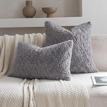 Neelvin Set of 2 Faux Fur Throw Pillow Covers 18x18 Inch Darkgrey Cozy Soft Solid Decorative Pillowcases Thick Plush Sheepskin Cushion Case for Chair and Couch Sofa Bedroom