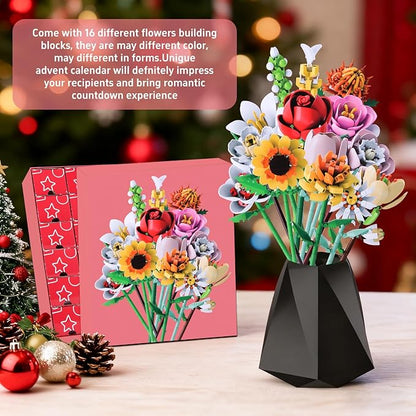 Flower Bouquet Building Blocks Set - 24-Day Countdown Calendar for Spring, Valentine's Day, Mother's Day & Christmas - DIY Colorful Roses & Tulips Building Home Decor for Women, Teens, Mom
