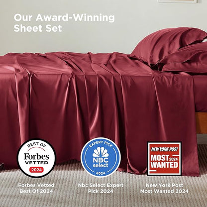 Bedsure Queen Sheet Set, Rayon Derived from Bamboo, Cooling Sheets, Breathable & Soft, Deep Pocket Up to 16 Inches, Hotel Luxury Silky Bedding for Hot Sleepers, Burgundy