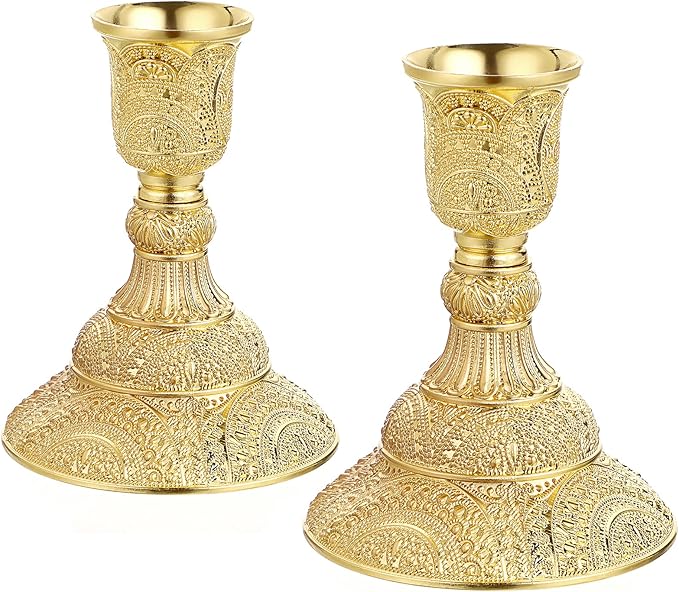 OwnMy 2PCS Brass Taper Candle Holders Candle Stick Holders Set Vintage Metal Pillar Candlestick Holders, 4”H Elegant Candle Stand Candelabra for Dining Table Centerpieces Wedding Home Decoration, Gold