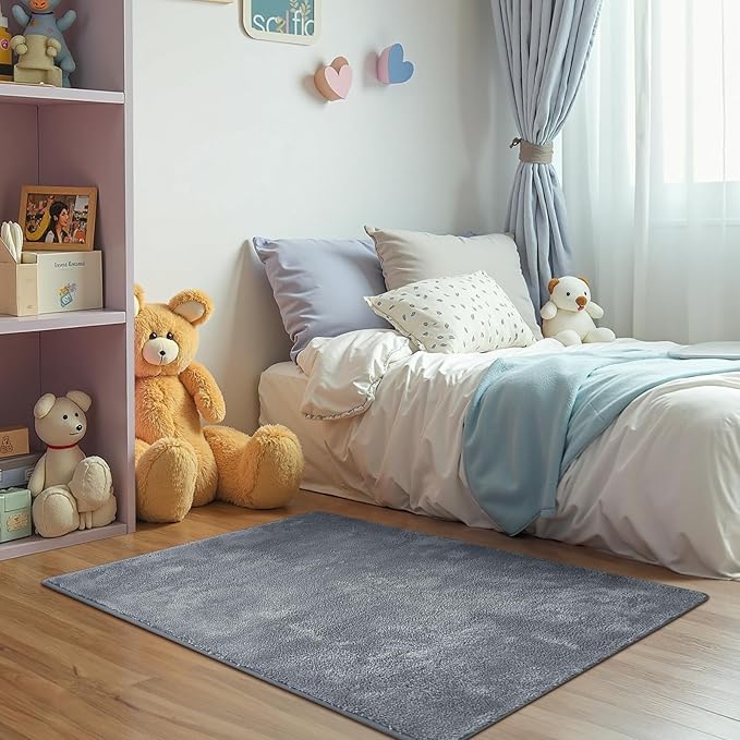 jinchan Solid Plush Area Rug 3x5 Performance Shaggy Washable Rug Indoor Soft Modern Faux Wool Cozy Non Slip Carpet for Living Room Kids Room Bedroom Dining Room Nursery Grey