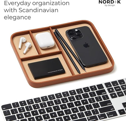 Nordik Leather Valet Tray - Sand Brown - 9.5 x 7.9 Inch Medium Vegan Leather Tray - Stylish Nightstand Organizer for Men - Modern Bedside Caddy - EDC Catchall for Key Watch Wallet Jewellery