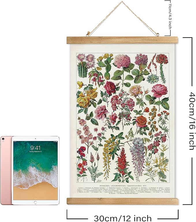 XIAOAIKA Vintage Wildflower Hanging Poster with Wooden Frame, Retro Style Wall Decor Art Painting, Patterns Printed on Linen Without Fading, Ready to Hang (12 x 16)