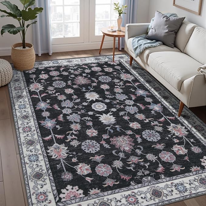 Tangsoo Floral Area Rug 3x5 Machine Washable Rug Non-Slip Vintage Distressed Boho Print, Low Pile Carpet for Living Room, Bedroom, Dining Room, Pet & Child Friendly (Black Red)