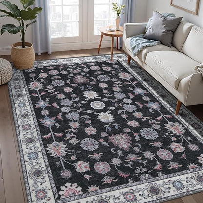 Tangsoo Floral Area Rug 4x6 Machine Washable Rug Non-Slip Vintage Distressed Boho Print, Low Pile Carpet for Living Room, Bedroom, Dining Room, Pet & Child Friendly (Room Decor)