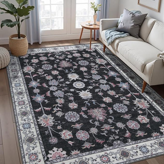 Tangsoo Floral Area Rug 4x6 Machine Washable Rug Non-Slip Vintage Distressed Boho Print, Low Pile Carpet for Living Room, Bedroom, Dining Room, Pet & Child Friendly (Room Decor)