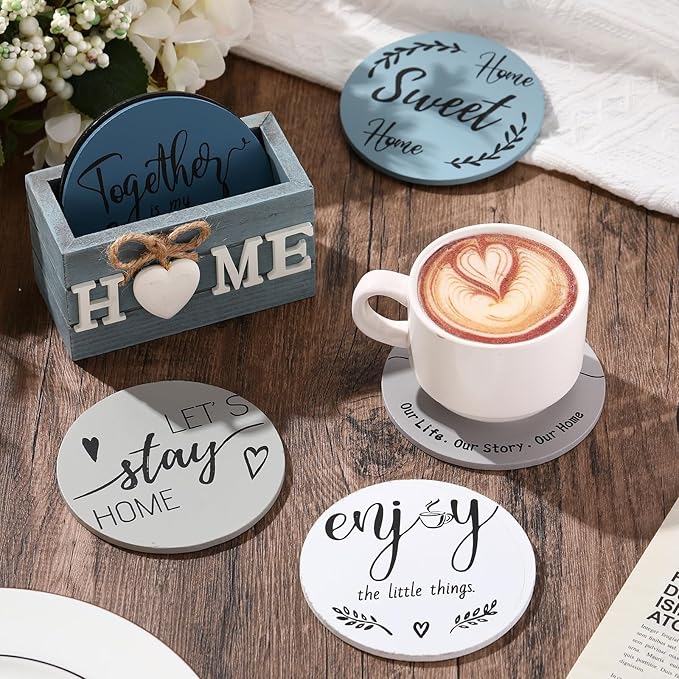 Queekay Coasters Set of 6 House Warming Gifts New Home Wooden Farmhouse Drink Coasters with Holder 4'' Funny Decoration for Kitchen Family Coffee Bar Tabletop Protection(Gray Blue)