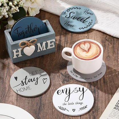 Queekay Coasters Set of 6 House Warming Gifts New Home Wooden Farmhouse Drink Coasters with Holder 4'' Funny Decoration for Kitchen Family Coffee Bar Tabletop Protection(Gray Blue)