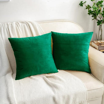 HWY 50 Dark Green Velvet Throw Pillow Covers 18x18 Inch, Pack of 2 Soft Cozy Solid Decorative Luxury Cushion Cases for Couch Sofa Bed Living Room Bedroom