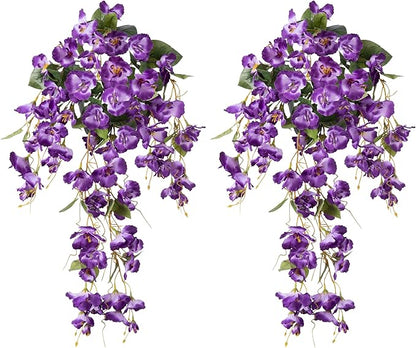 Fake Hibiscus Artificial Hanging Flowers Plants for Outdoors Spring Decoration, 2pcs Silk Hibiscus Vines Realistic UV Resistant Purple Faux Flowers for Outside Planter Porch Patio Yard Wedding Party